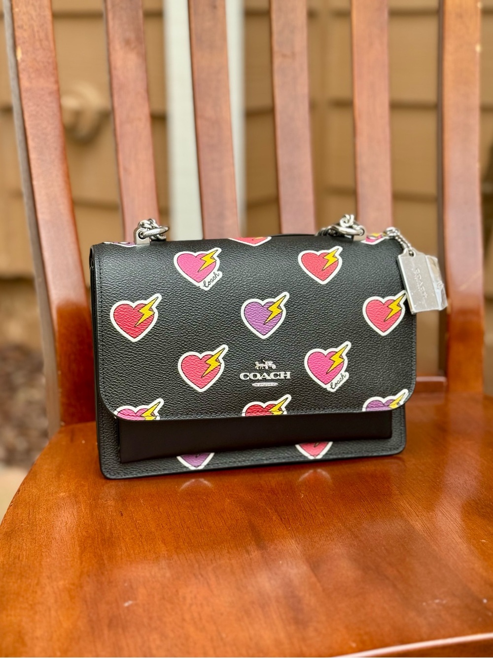Coach Klare Heart Lightning Bolt Print Leather Crossbody Shoulder Bag Black -NWT